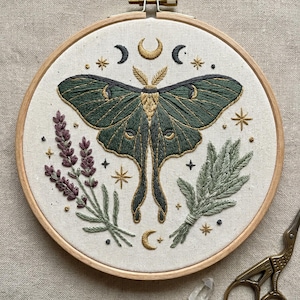 Beginner Embroidery Kit | Luna Moth Moon Phases Lavender, Witchy Craft (DIY)