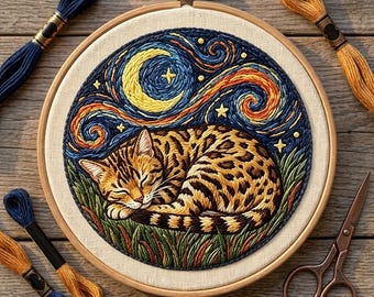 Katzen Stickerei Kit - Schlafende Bengal Katze Sternennacht Wunderliche Kunst - Geschenk für Katzenliebhaber - Entspannendes DIY Handwerk
