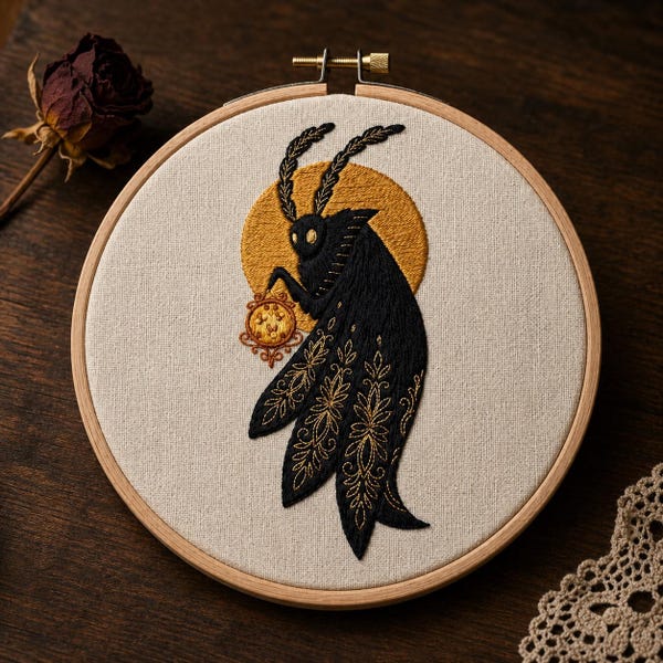 Mothman Embroidery Kit - Celestial Moth Spirit Golden Sun Lantern - Gothic Whimsical Decor - DIY Craft Gift - Relaxing Needlework Hobby
