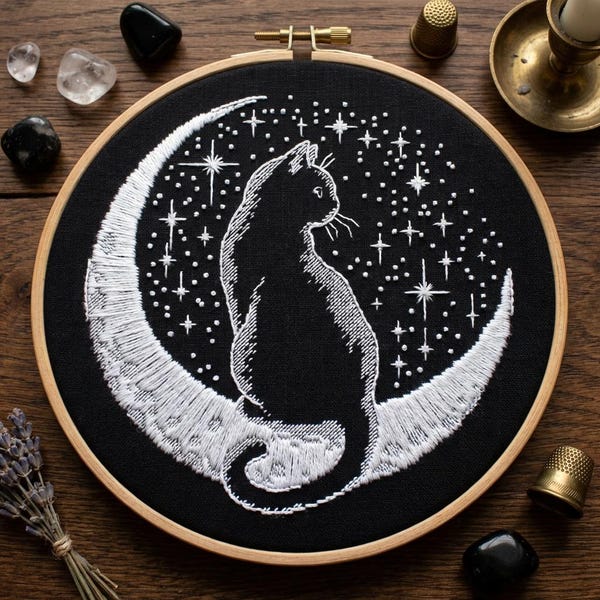 Black Cat Moon Embroidery Kit, Celestial Witchy Craft, Beginner DIY Hoop
