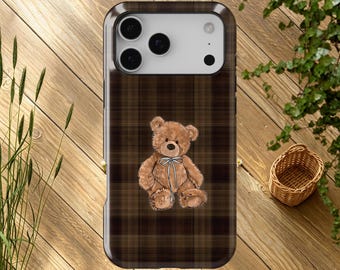 Teddy Checkered Brown Preppy Cute Knit Vintage Pet Phone Case For iPhone 17 16 15 14 13 12 11 Pro Max, Samsung Galaxy S26 S25 S24 S23 Ultra