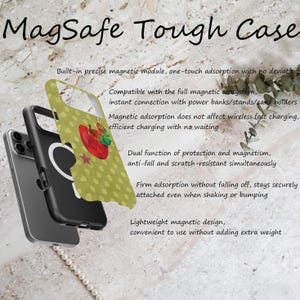 Puede incluir: Una funda MagSafe Tough Case con un dise&ntilde;o de lunares verdes y una ilustraci&oacute;n de una manzana roja con una oruga. El texto dice "MagSafe Tough Case".