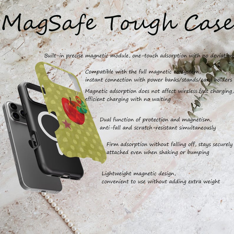 Puede incluir: Una funda MagSafe Tough Case con un dise&ntilde;o de lunares verdes y una ilustraci&oacute;n de una manzana roja con una oruga. El texto dice "MagSafe Tough Case".