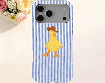 Funda para teléfono con diseño de pato vaquero, ilustración de animal a rayas azules, protección para iPhone y Samsung.