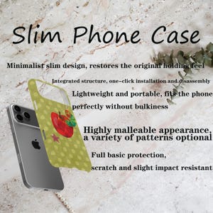 Puede incluir: Funda de tel&eacute;fono delgada con un patr&oacute;n de lunares verdes y un dise&ntilde;o de manzana roja. La funda es ligera y resistente a los ara&ntilde;azos, con el texto "Slim Phone Case" en la parte superior.