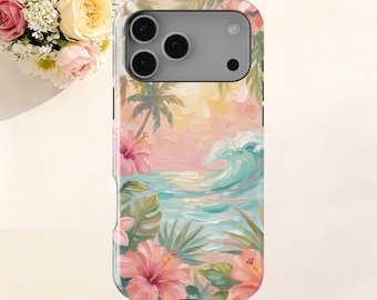 Funda para teléfono con diseño de pintura al óleo tropical hawaiana, paisaje marino con palmeras, para iPhone y Samsung Galaxy.
