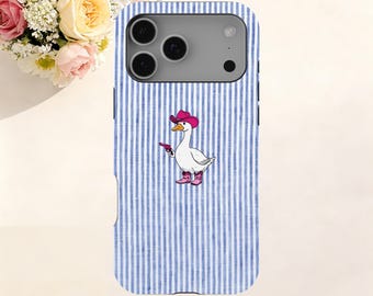 Funda para teléfono con estampado de pato azul a rayas, funda resistente para iPhone y Samsung.