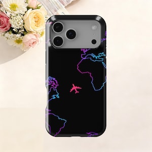 Neon World Map Phone Case Travel Airplane Design For iPhone 17 16 15 14 13 12 Pro Max, Samsung Galaxy S26 S25 S24 S23 Ultra Wanderlust Gift