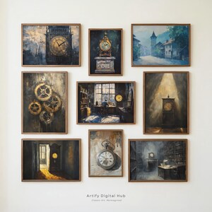 May include: Nine framed art prints with a vintage theme. The prints feature clocks, gears, and scenes with clocks. The color palette includes browns, golds, and blues. The prints are displayed on a white wall.