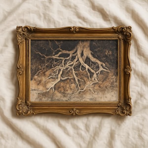 May include: A framed artwork featuring a detailed depiction of tree roots. The roots are rendered in white against a dark, earthy background. The ornate, gold-colored frame adds a classic touch to the piece.