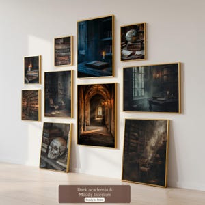 Conjunto de láminas de arte mural de estilo Dark Academia, láminas de interior gótico, decoración vintage y sombría para biblioteca.