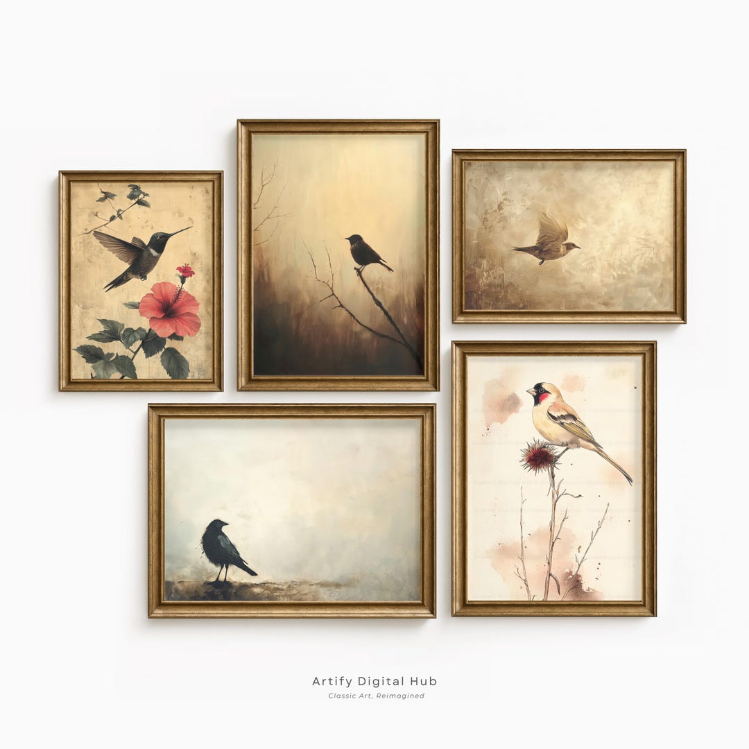 Vintage Bird Wall Art Set of 5, Antique Bird Prints, Botanical Bird ...