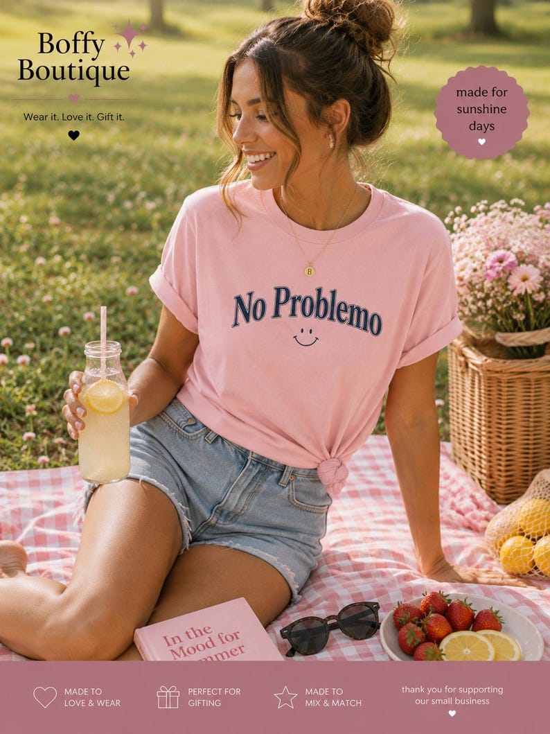 May include: A pink t-shirt with the words "No Problemo" and a smiley face, paired with denim shorts. The image includes a picnic setting with a book, sunglasses, strawberries, and a drink. The Boffy Boutique logo is visible.