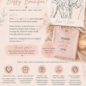 May include: An informational graphic for Boffy Boutique featuring a light pink sweatshirt with the text made with love just for you, a line art illustration of two people labeled Lisa and Lani, and sections detailing business practices.