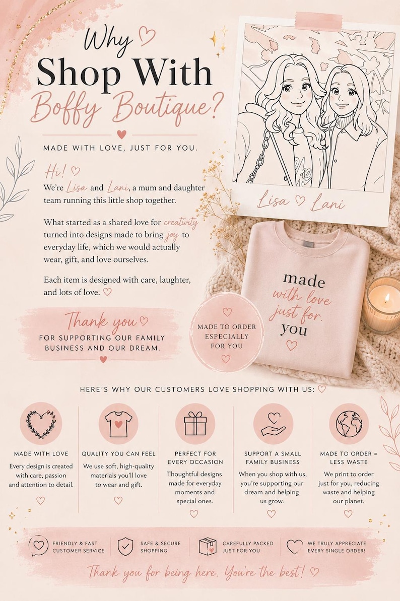 May include: An informational graphic for Boffy Boutique featuring a light pink sweatshirt with the text made with love just for you, a line art illustration of two people labeled Lisa and Lani, and sections detailing business practices.