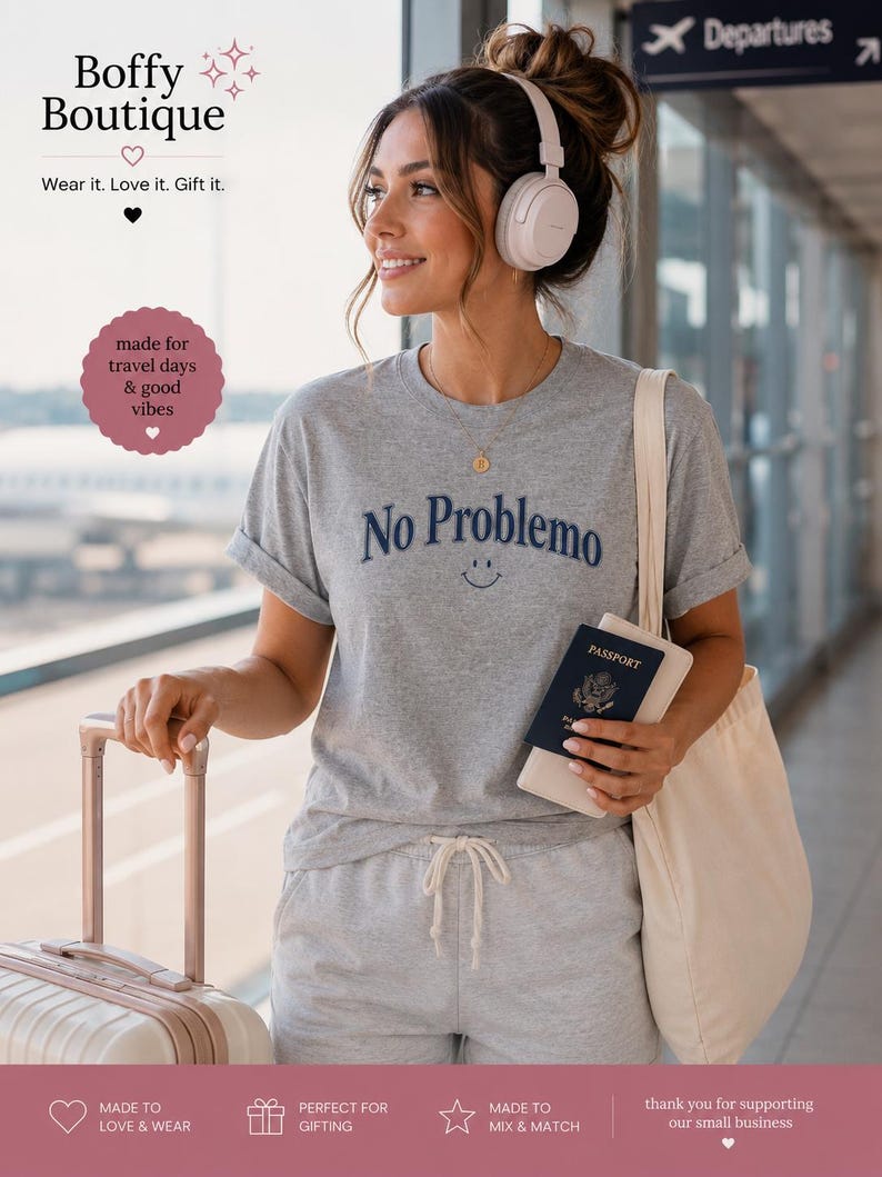 May include: A woman wearing a gray t-shirt with "No Problemo" and a smiley face graphic, paired with gray shorts. She holds a passport and a tote bag, and is near a suitcase. The image includes the text "Boffy Boutique".