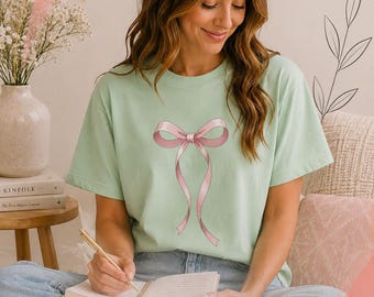 Coquette Pink Ribbon Bow T-Shirt, Y2K Bow Tee, Romantic Print Top, Coquette Aesthetic, Gift For Her