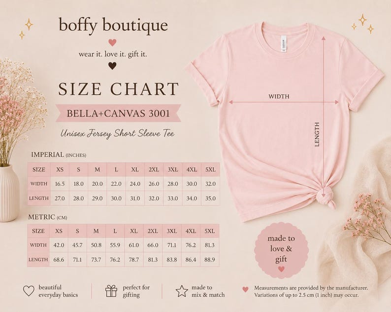 May include: A light pink Unisex Jersey Short Sleeve Tee from Boffy Boutique. The image includes a size chart with measurements in inches and centimeters. The shirt is displayed with measurements for width and length.