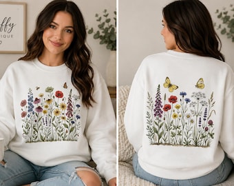 Wildflower Sweatshirt, Botanical Flower Crewneck, Cottagecore Nature Jumper, White Wildflower Meadow Sweater, Vintage Botanical Print Top