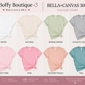 May include: Color chart of Bella+Canvas 3001 t-shirts in various colors, including white, natural, spring green, athletic heather, soft pink, pink, heather peach, and teal. The shirts are displayed with a knotted hem.
