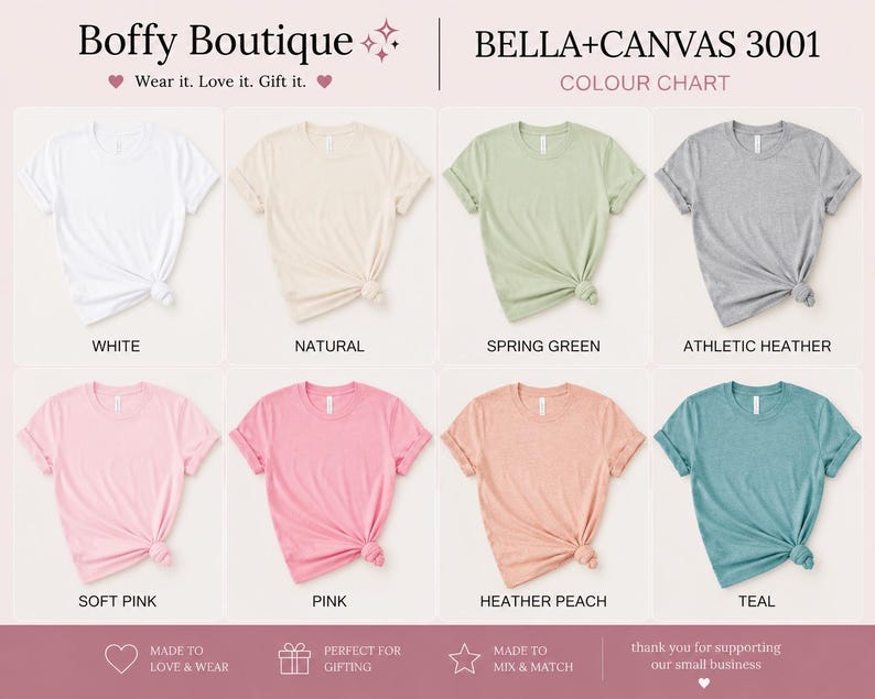 May include: Color chart of Bella+Canvas 3001 t-shirts in various colors, including white, natural, spring green, athletic heather, soft pink, pink, heather peach, and teal. The shirts are displayed with a knotted hem.
