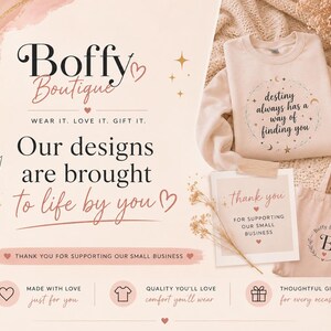 May include: A light beige sweatshirt featuring the text 'destiny always has a way of finding you' surrounded by celestial icons, alongside a matching beige tote bag with a 'Boffy Boutique' logo and a thank you card on a soft textured background.