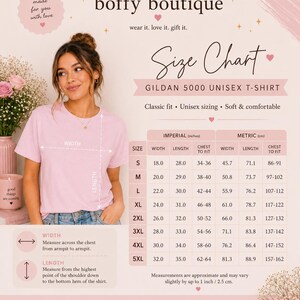 May include: A size chart for a Gildan 5000 unisex t-shirt by Boffy Boutique. The chart displays width, length, and chest-to-fit measurements in inches for sizes S through 5XL, alongside instructions on how to measure the garment width and length.
