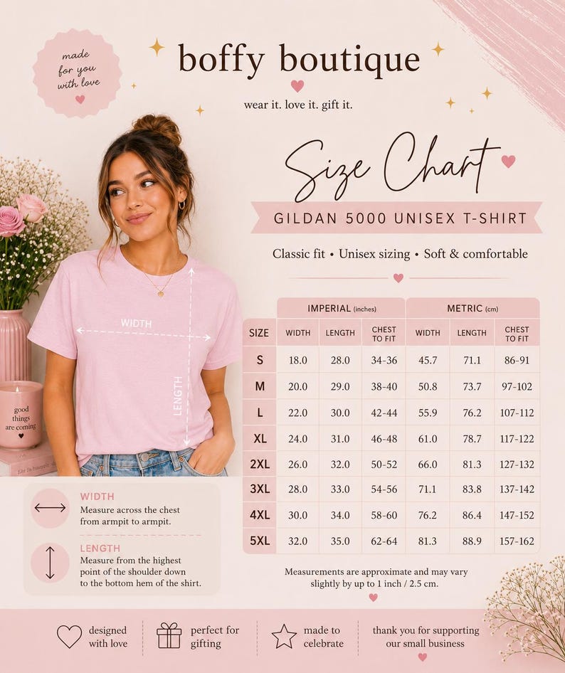 May include: A size chart for a Gildan 5000 unisex t-shirt by Boffy Boutique. The chart displays width, length, and chest-to-fit measurements in inches for sizes S through 5XL, alongside instructions on how to measure the garment width and length.