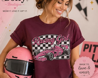 Racing Girl T-Shirt, Motorsport Graphic Tee, Race Day Shirt, Formula Racing Fan Gift. Pink Race Car Tee, Women's Racing Apparel