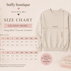 May include: Cream-colored Gildan 18000 Heavy Blend crewneck sweatshirt with a size chart. The chart includes imperial measurements for width and length, ranging from size S to 5XL. The image also includes the text "boffy boutique".