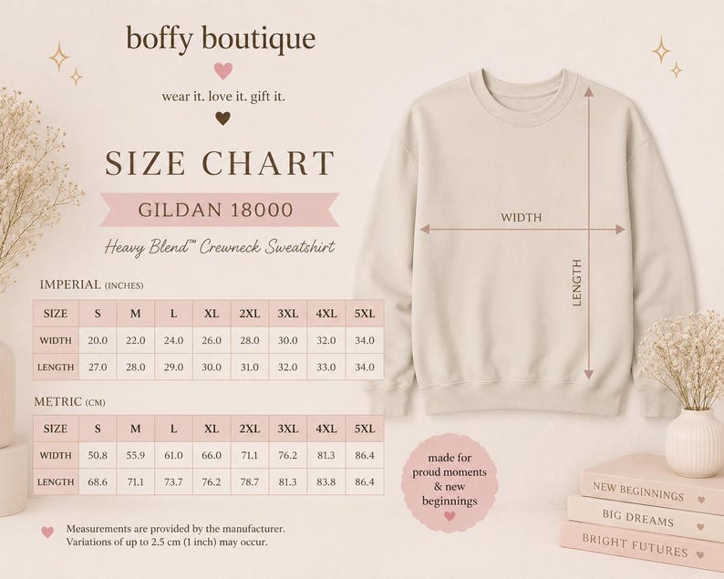 May include: Cream-colored Gildan 18000 Heavy Blend crewneck sweatshirt with a size chart. The chart includes imperial measurements for width and length, ranging from size S to 5XL. The image also includes the text "boffy boutique".