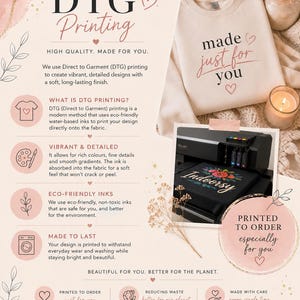 May include: An informational graphic about DTG printing featuring a beige sweatshirt with the text made just for you, a black printer with a floral design, and icons explaining the printing process, eco-friendly inks, and made to order service.