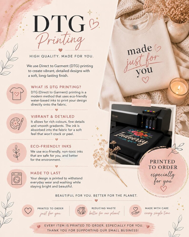 May include: An informational graphic about DTG printing featuring a beige sweatshirt with the text made just for you, a black printer with a floral design, and icons explaining the printing process, eco-friendly inks, and made to order service.