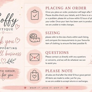 May include: A pale pink informational graphic for Boffy Boutique featuring dark text and icons. It outlines policies for placing orders, sizing, questions, and final sales. The design includes decorative floral elements, hearts, and stars.