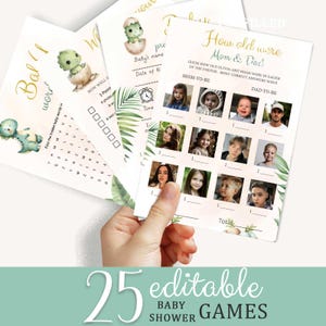 May include: A set of baby shower game cards featuring a dinosaur theme with green illustrations, gold text, and a photo guessing game titled How Old Were Mom & Dad. The cards include word search puzzles, fill-in-the-blank sections, and palm leaf accents.