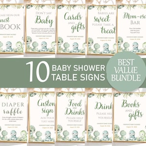 May include: A set of ten baby shower table signs featuring green tropical leaf borders and illustrations of small green dinosaurs. Each sign includes text such as Guest Book, Don't Say Baby, Cards and Gifts, Mom-osa Bar, and Diaper Raffle.