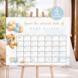 Puede incluir: Un cartel de calendario para adivinar la fecha de llegada del bebé con un oso de peluche marrón que sostiene globos azules y beige, un regalo azul y nubes. El texto dice Guess the arrival date of BABY OLIVER con una cuadrícula para mayo y junio.