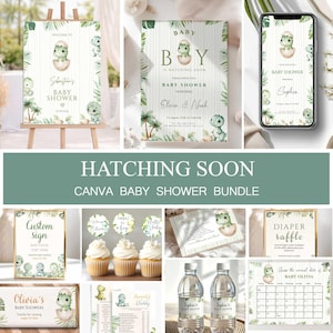 Può includere: Un set digitale per baby shower a tema dinosauri con foglie di palma verdi e sfondi a righe. Include cartelli, decorazioni per cupcake, etichette per bottiglie d'acqua, una scheda per la lotteria dei pannolini, un biglietto di ringraziamento e calendario.