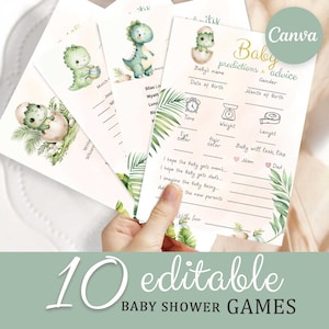 Puede incluir: Un conjunto de tarjetas de juegos para baby shower con ilustraciones en acuarela de dinosaurios verdes. Las tarjetas incluyen texto para predicciones y consejos, con campos para nombre, fecha, hora, peso y longitud, decoradas con hojas de palma.