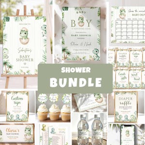 Kit per baby shower a tema dinosauri, decorazioni per la festa a tema dinosauri "Presto si schiuderà", giochi, cartello di benvenuto e invito.
