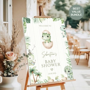 Puede incluir: Un letrero de bienvenida para un baby shower con temática de dinosaurios. El letrero incluye el texto "Bienvenida a la fiesta de bienvenida de Sebastián" con la fecha 25.09.2026. El diseño incorpora ilustraciones de bebés dinosaurios, palmeras y follaje tropical.