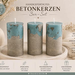 May include: A set of three cylindrical candles featuring a gray concrete base and a light blue wax top. The text reads HANDGEFERTIGTES BETONKERZEN 3er-Set. Each candle is 9 cm high, 5 cm in diameter, and weighs 180 grams. The set is displayed on a round tray.