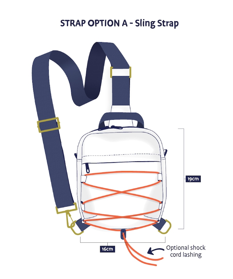 May include: White sling bag with a navy blue strap and gold-colored hardware. The bag features a front zipper pocket and orange shock cord lashing. The bag is 16cm wide and 19cm tall. Text on the image reads: "STRAP OPTION A - Sling Strap".
