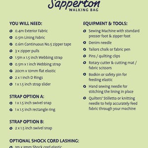May include: A list of materials and tools needed to make a Sapperton Walking Bag. The list includes fabric, zipper tape, webbing straps, D rings, a sewing machine, denim needle, pins, and a rotary cutter. The text is in a dark blue font on a light green background.