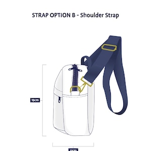 May include: A white shoulder bag with a navy blue strap and gold-colored hardware. The bag is 19cm high and 11cm wide. The text "STRAP OPTION B - Shoulder Strap" is at the top.
