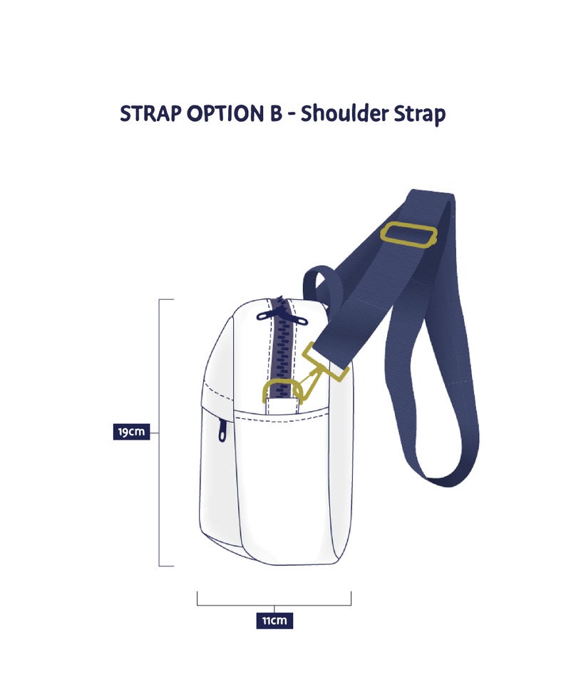 May include: A white shoulder bag with a navy blue strap and gold-colored hardware. The bag is 19cm high and 11cm wide. The text "STRAP OPTION B - Shoulder Strap" is at the top.
