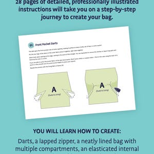 May include: A page from a sewing tutorial with the title "Front Pocket Darts." The text explains how to create a bag with detailed instructions. The image shows diagrams and the text "YOU WILL LEARN HOW TO CREATE: Darts, a lapped zipper..."