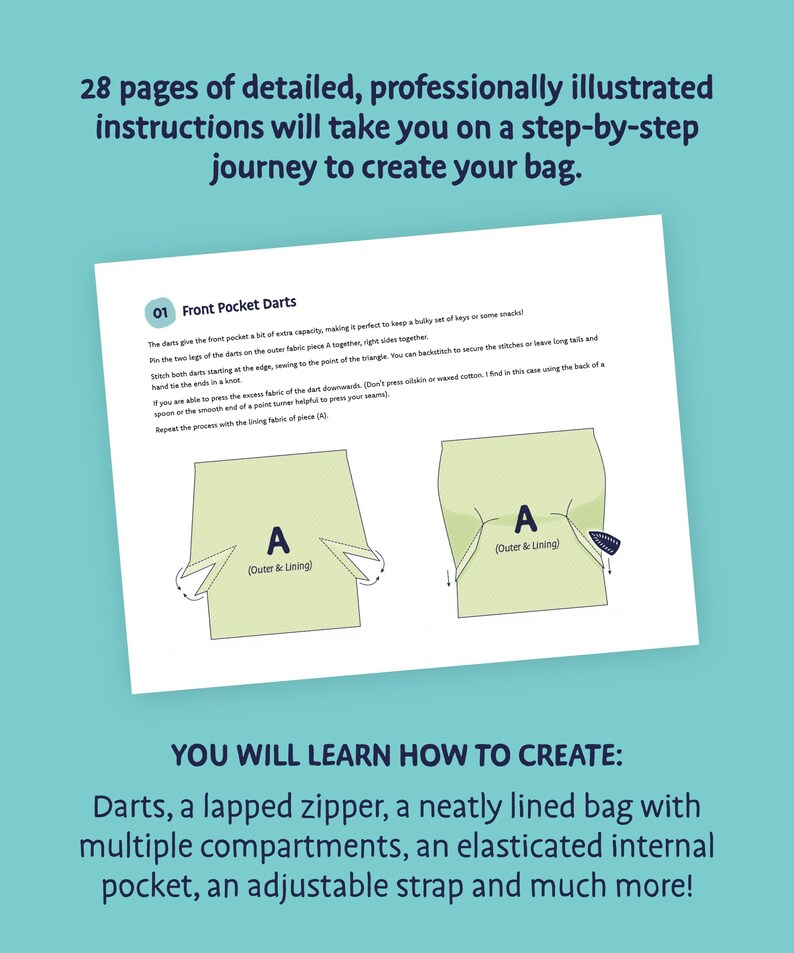 May include: A page from a sewing tutorial with the title "Front Pocket Darts." The text explains how to create a bag with detailed instructions. The image shows diagrams and the text "YOU WILL LEARN HOW TO CREATE: Darts, a lapped zipper..."