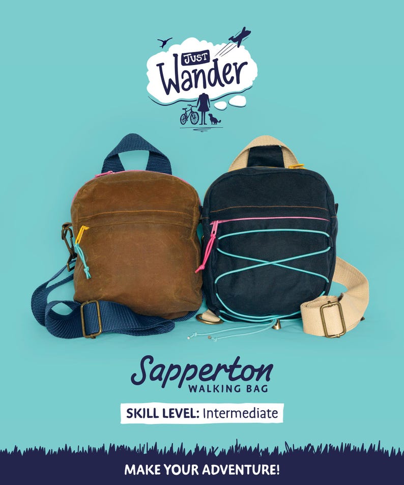 May include: Two backpacks with the text "Just Wander" and "Sapperton Walking Bag". One backpack is brown with a blue strap and yellow zipper. The other is navy blue with pink and teal accents. The skill level is intermediate.