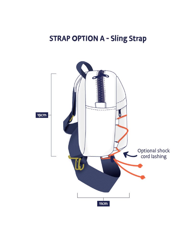 May include: White sling bag with navy blue strap and orange shock cord lashing. The bag is 19cm high and 11cm wide. The text on the image reads "STRAP OPTION A - Sling Strap" and "Optional shock cord lashing."